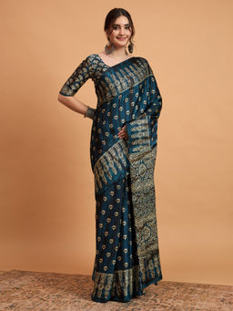 Akhilam - Womens Pure Crepe Teal Printed Designer Saree with Unstitched Blouse