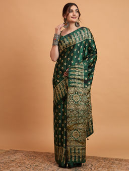 Akhilam - Womens Pure Crepe Green Printed Designer Saree with Unstitched Blouse