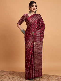 Akhilam - Womens Pure Crepe Magenta Printed Designer Saree with Unstitched Blouse