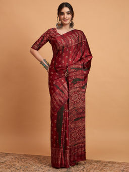 Akhilam - Womens Pure Crepe Maroon Printed Designer Saree with Unstitched Blouse