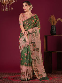 Akhilam - Womens Cotton Linen Green Printed Designer Saree with Unstitched Blouse