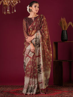 Akhilam - Womens Cotton Linen Maroon Printed Designer Saree with Unstitched Blouse