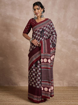 Akhilam - Womens Viscose Silk Maroon Printed Designer Saree with Unstitched Blouse