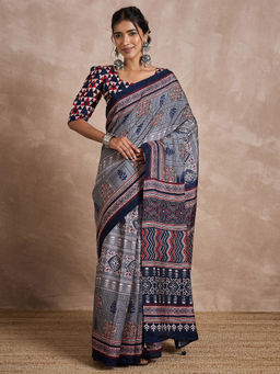 Akhilam - Womens Viscose Silk Grey Printed Designer Saree with Unstitched Blouse