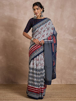 Akhilam - Womens Viscose Silk Navy Blue Printed Designer Saree with Unstitched Blouse