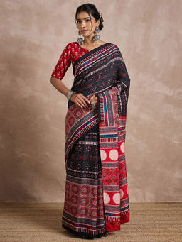 Akhilam - Womens Viscose Silk Black Printed Designer Saree with Unstitched Blouse