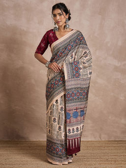 Akhilam - Womens Viscose Silk Cream Printed Designer Saree with Unstitched Blouse