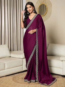 Akhilam - Womens Satin Wine Embellished Ready to Wear Saree with Unstitched Blouse
