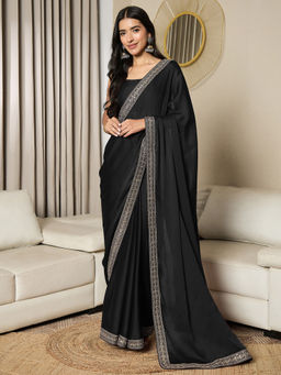Akhilam - Womens Satin Black Embellished Ready to Wear Saree with Unstitched Blouse
