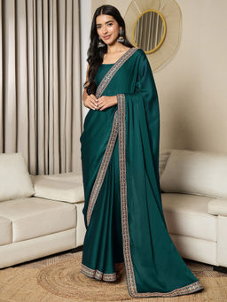 Akhilam - Womens Satin Teal Green Embellished Ready to Wear Saree with Unstitched Blouse