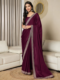 Akhilam - Womens Satin Wine Embellished Ready to Wear Saree with Unstitched Blouse