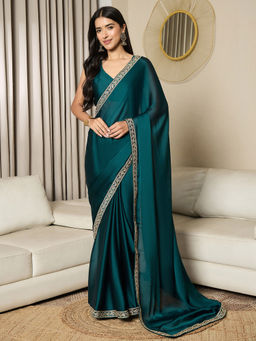Akhilam - Womens Satin Teal Blue Embellished Ready to Wear Saree with Unstitched Blouse