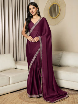Akhilam - Womens Satin Wine Embellished Ready to Wear Saree with Unstitched Blouse
