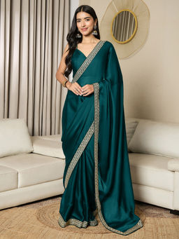 Akhilam - Womens Satin Teal Blue Embellished Ready to Wear Saree with Unstitched Blouse