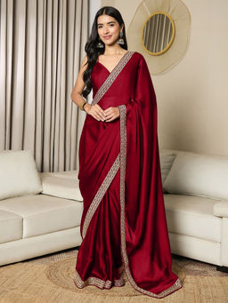 Akhilam - Womens Satin Maroon Embellished Ready to Wear Saree with Unstitched Blouse