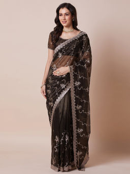 Akhilam - Womens Net Olive Embellished Designer Saree with Unstitched Blouse