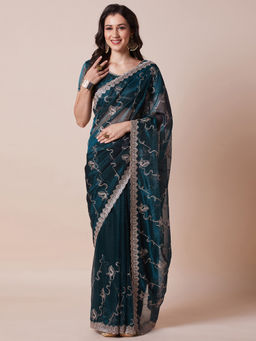 Akhilam - Womens Net Teal Blue Embellished Designer Saree with Unstitched Blouse