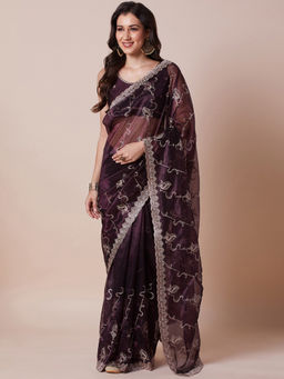 Akhilam - Womens Net Purple Embellished Designer Saree with Unstitched Blouse