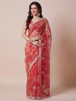 Akhilam - Womens Net Orange Embellished Designer Saree with Unstitched Blouse