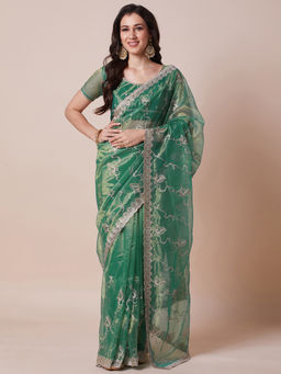 Akhilam - Womens Net Green Embellished Designer Saree with Unstitched Blouse
