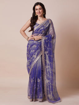Akhilam - Womens Net Lavender Embellished Designer Saree with Unstitched Blouse
