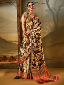 Akhilam - Womens Crepe Beige Printed Designer Saree with Unstitched Blouse
