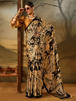 Akhilam - Womens Crepe Beige Printed Designer Saree with Unstitched Blouse