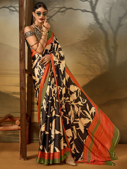 Akhilam - Womens Crepe Black Printed Designer Saree with Unstitched Blouse