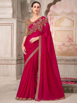 Akhilam - Womens Satin Silk Pink Embellished Designer Saree with Unstitched Blouse