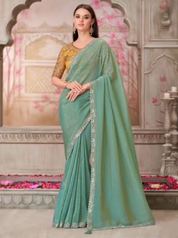 Akhilam - Womens Satin Silk Green Embellished Designer Saree with Unstitched Blouse