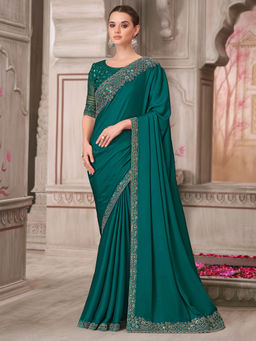 Akhilam - Womens Satin Silk Teal Embellished Designer Saree with Unstitched Blouse