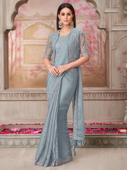 Akhilam - Womens Pure Georgette Light Blue Embellished Designer Saree with Unstitched Blouse