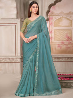Akhilam - Womens Pure Georgette Green Embellished Designer Saree with Unstitched Blouse