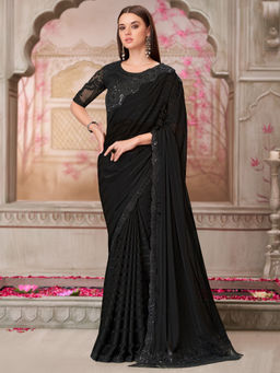 Akhilam - Womens Pure Georgette Black Embellished Designer Saree with Unstitched Blouse