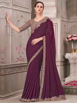 Akhilam - Womens Pure Georgette Wine Embellished Designer Saree with Unstitched Blouse