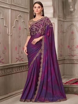 Akhilam - Womens Pure Georgette Purple Embellished Designer Saree with Unstitched Blouse