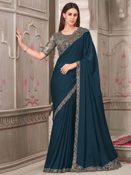 Akhilam - Womens Satin Silk Teal Embellished Designer Saree with Unstitched Blouse