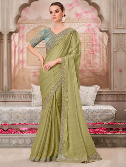 Akhilam - Womens Pure Chiffon Green Embellished Designer Saree with Unstitched Blouse