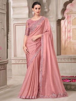 Akhilam - Womens Satin Silk Pink Embellished Designer Saree with Unstitched Blouse