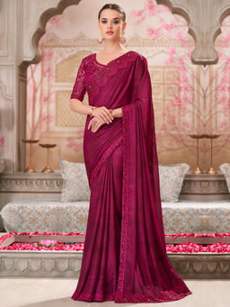 Akhilam - Womens Satin Silk Pink Embellished Designer Saree with Unstitched Blouse