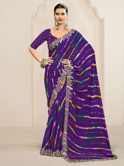 Akhilam - Womens Georgette Purple Printed Designer Saree with Unstitched Blouse