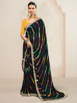 Akhilam - Womens Georgette Black Printed Designer Saree with Unstitched Blouse