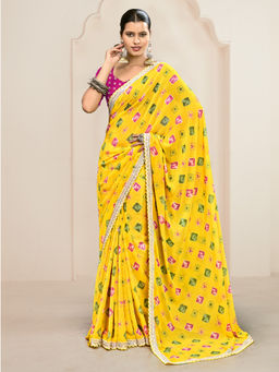 Akhilam - Womens Georgette Yellow Printed Designer Saree with Unstitched Blouse