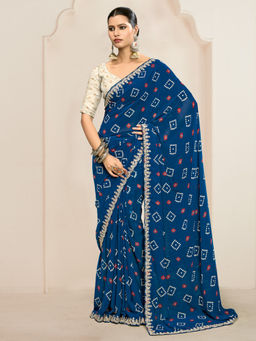 Akhilam - Womens Georgette Navy Blue Printed Designer Saree with Unstitched Blouse