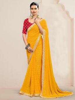 Akhilam - Womens Georgette Yellow Printed Designer Saree with Unstitched Blouse