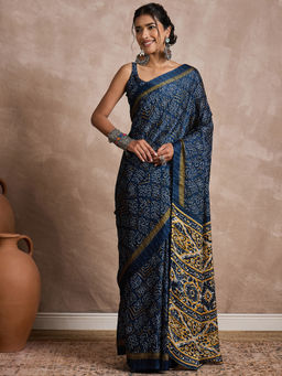Akhilam - Womens Cotton Silk Navy Blue Printed Designer Saree with Unstitched Blouse