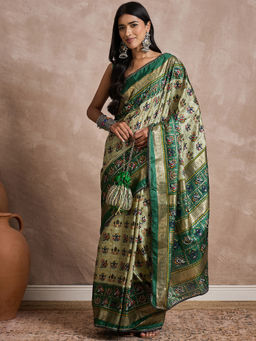 Akhilam - Womens Silk Blend Cream Printed Designer Saree with Unstitched Blouse