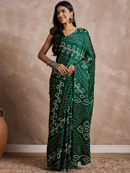 Akhilam - Womens Silk Blend Green Printed Designer Saree with Unstitched Blouse