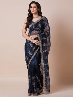 Akhilam - Womens Net Navy Blue Embellished Designer Saree with Unstitched Blouse