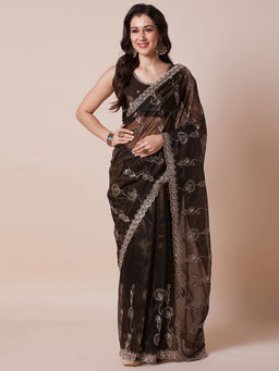 Akhilam - Womens Net Olive Embellished Designer Saree with Unstitched Blouse